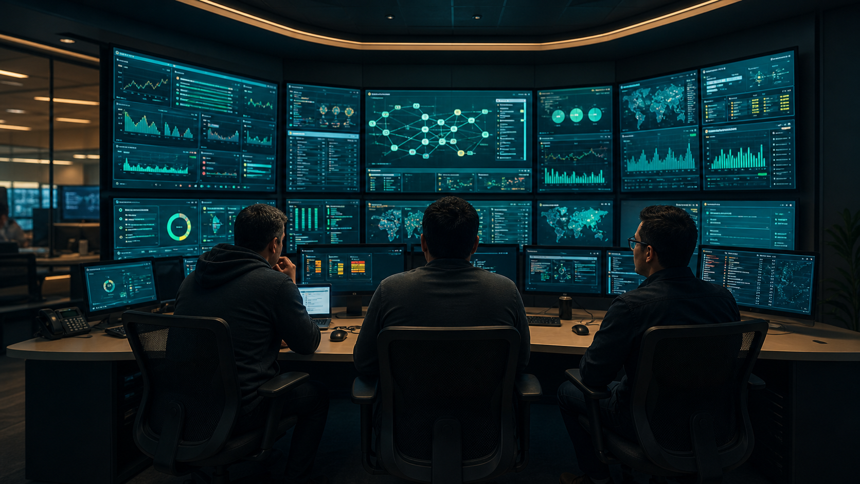Equipo de infraestructura observando paneles de monitoreo en un centro de operaciones